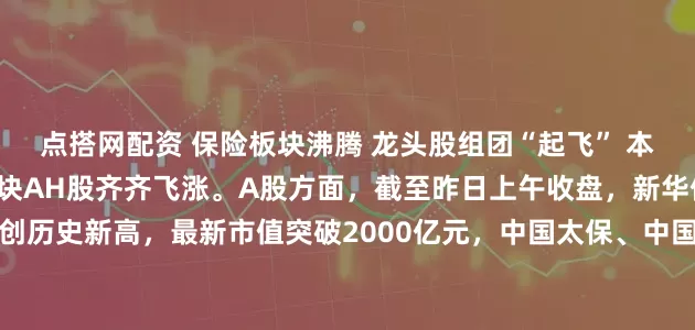 点搭网配资 保险板块沸腾 龙头股组团“起飞” 本周第一个交易日，保险板块AH股齐齐飞涨。A股方面，截至昨日上午收盘，新华保险上涨4%，盘中股价创历史新高，最新市值突破2000亿元，中国太保、中国平安、中国人寿、中国人保涨幅皆超2%；港股方面，香港保险板块大涨超4%，中国人寿大涨近6%，平安摩通五八购、平安瑞银五八购双双实现单日翻倍，友邦保险放购证亦集体飙涨。